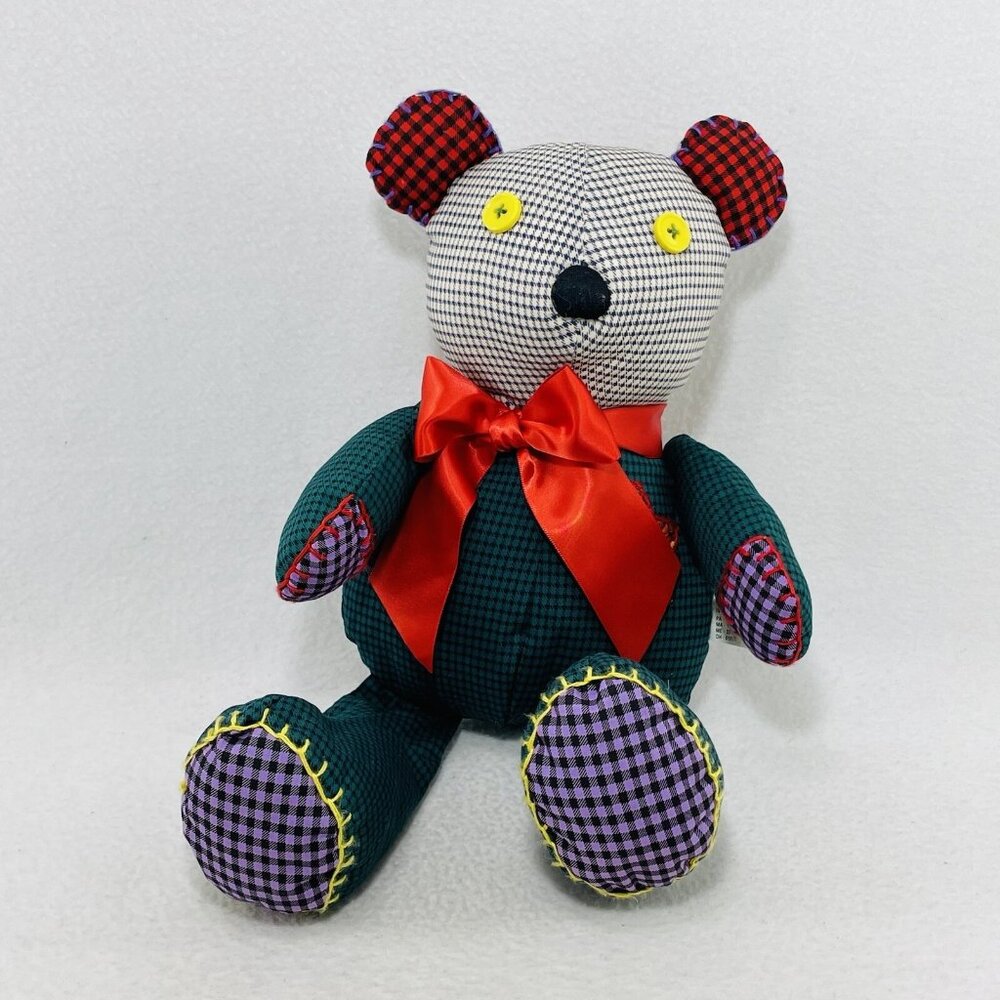 Vintage International Silver Bear Plush Toy Fabric Embroidered Stitch Button Eye